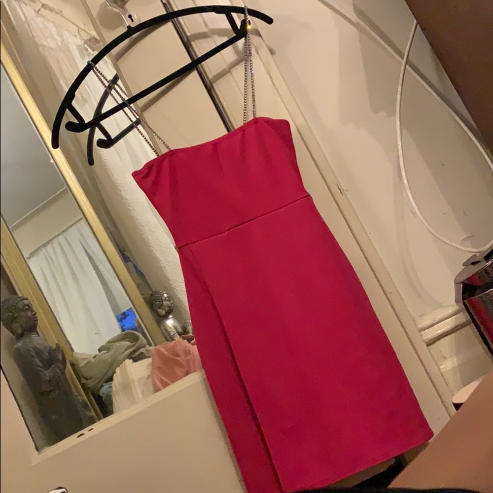 High slit pink dress rhinestone straps